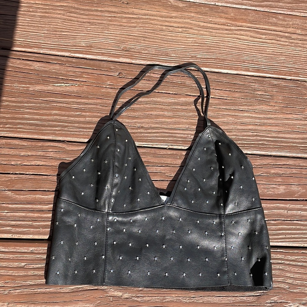 -black faux leather metal studded crop top